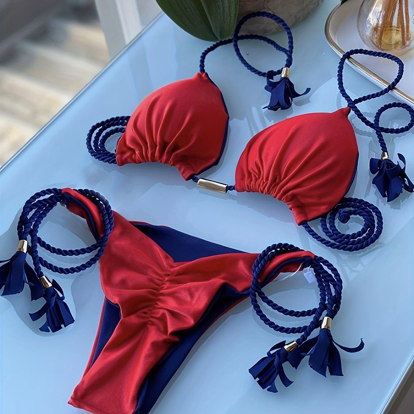 New Festival Flame Halter Bikini Set for Women – Triangle V-Neck Backless Two-Piece Swimsuit with Tie Side Bottoms & Adjustable Lace-Up Fit – Sleek Polyamide Swimwear for Koningsdag/King’s Day & Summer Beach Celebrations