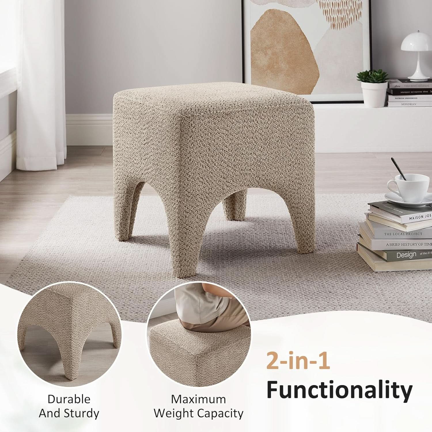 17-Inch Camel Boucle Upholstered Square Ottoman Footstool
