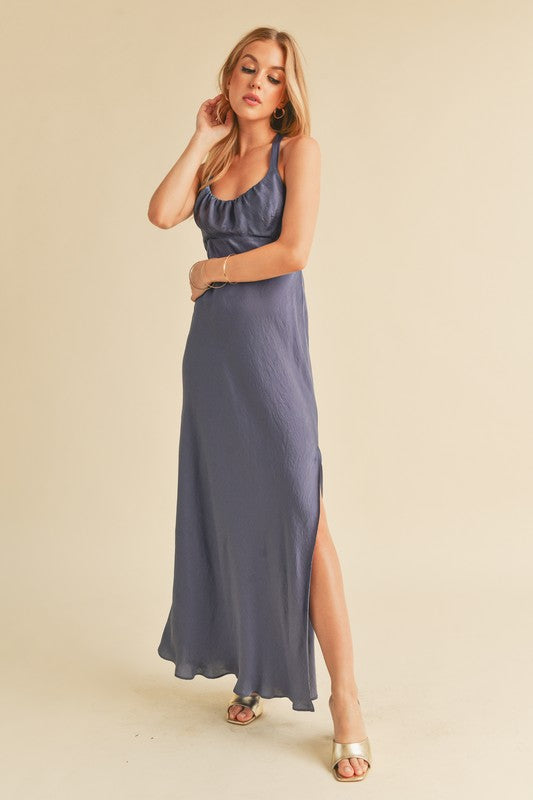 Ruched Side Slit Cutout Back Maxi Cami Dress –Elegant, Sophisticated & Alluring with Side Slit, Ruched Detailing & Daring Cutout Back Design for Special Occasions