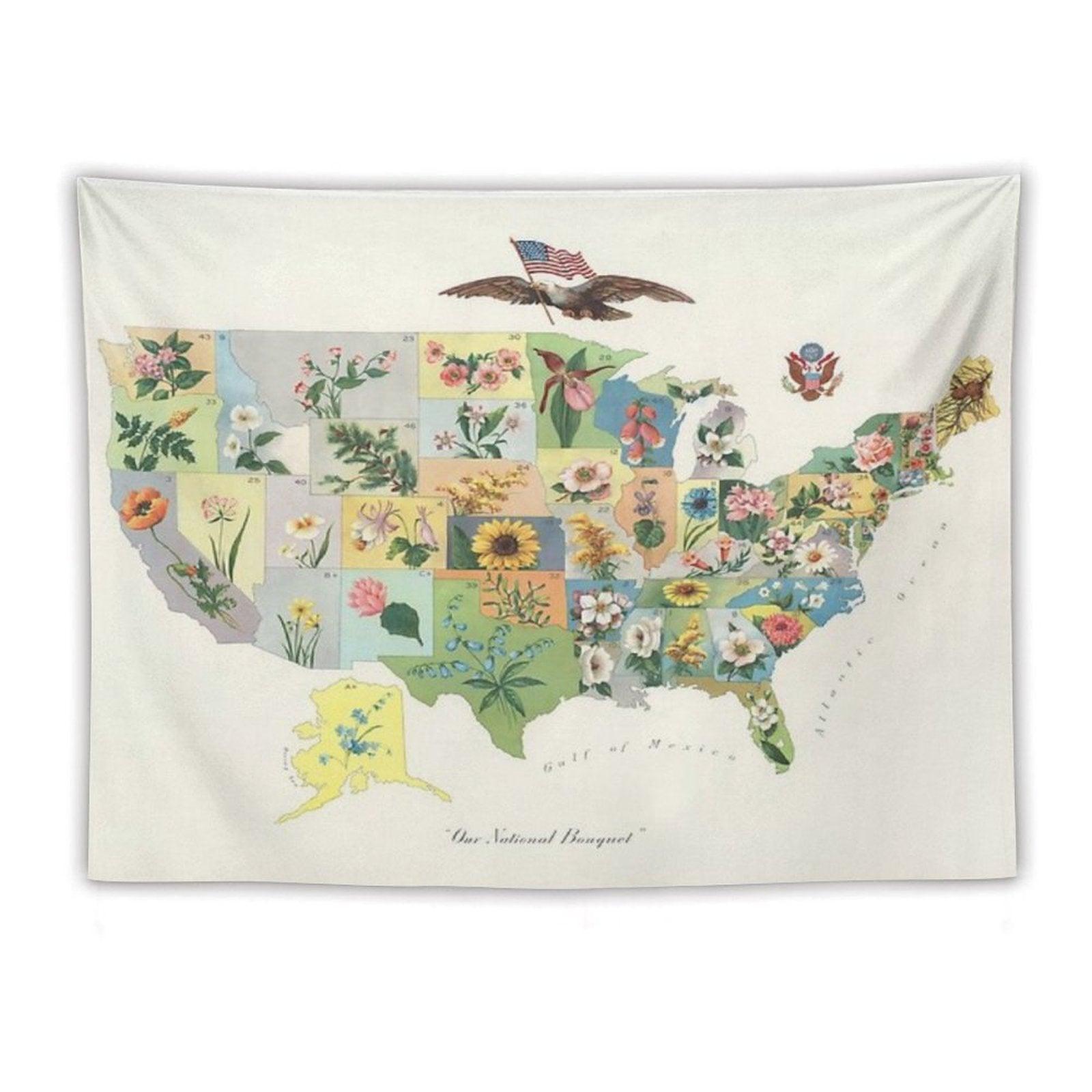 Vintage US State Flower Map Tapestry