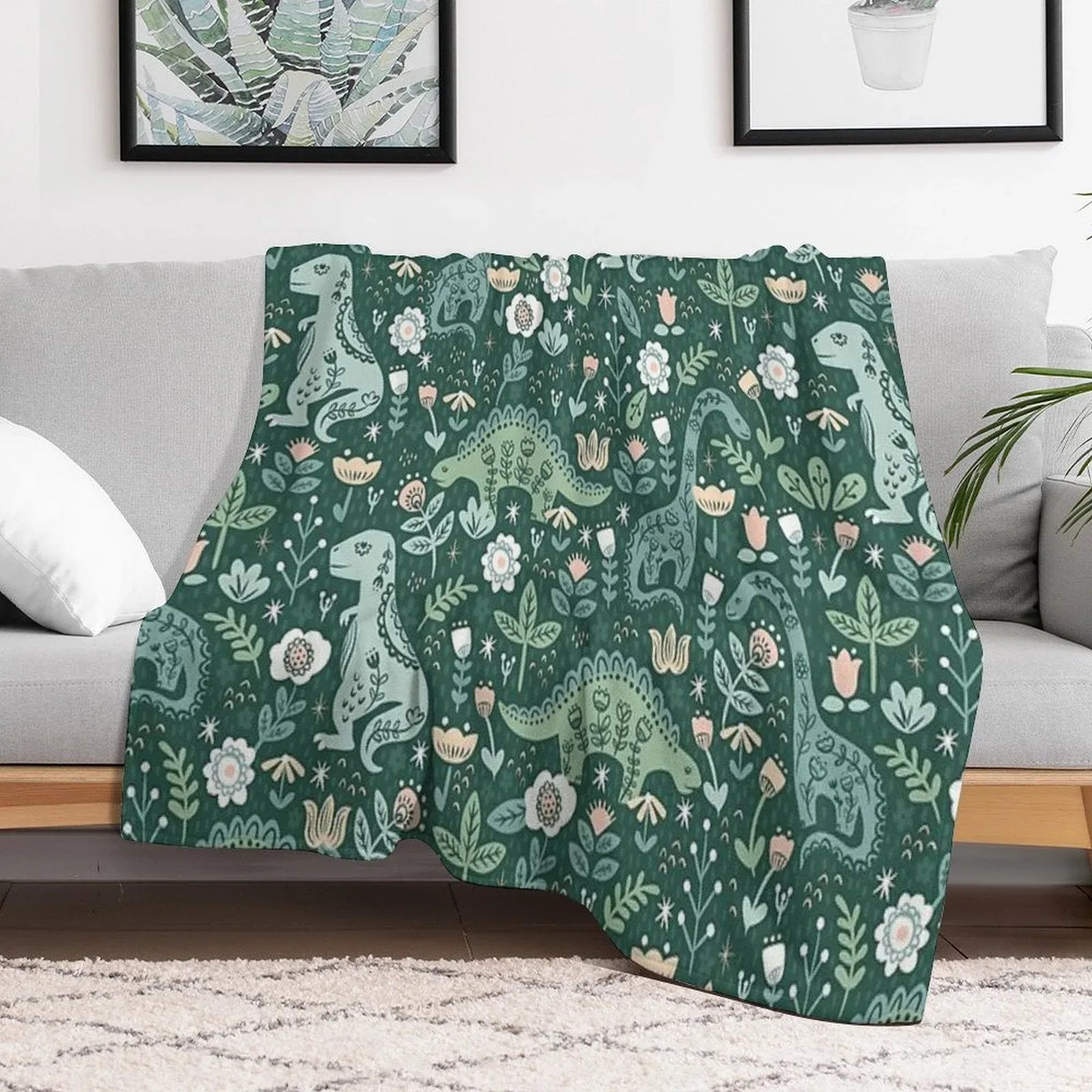 Folk Floral Dinosaur Throw Blanket