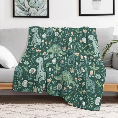Folk Floral Dinosaur Throw Blanket