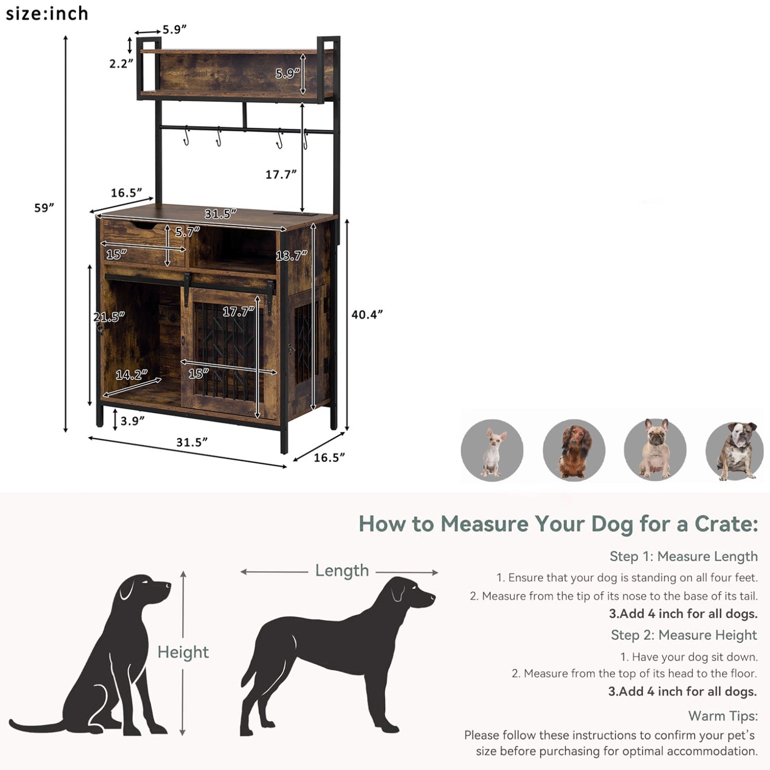 Furniture Style 2 in 1 PET FRIENDLY Dog Crate Composite Desk Hutch in Rustic Brown MDF and Steel
