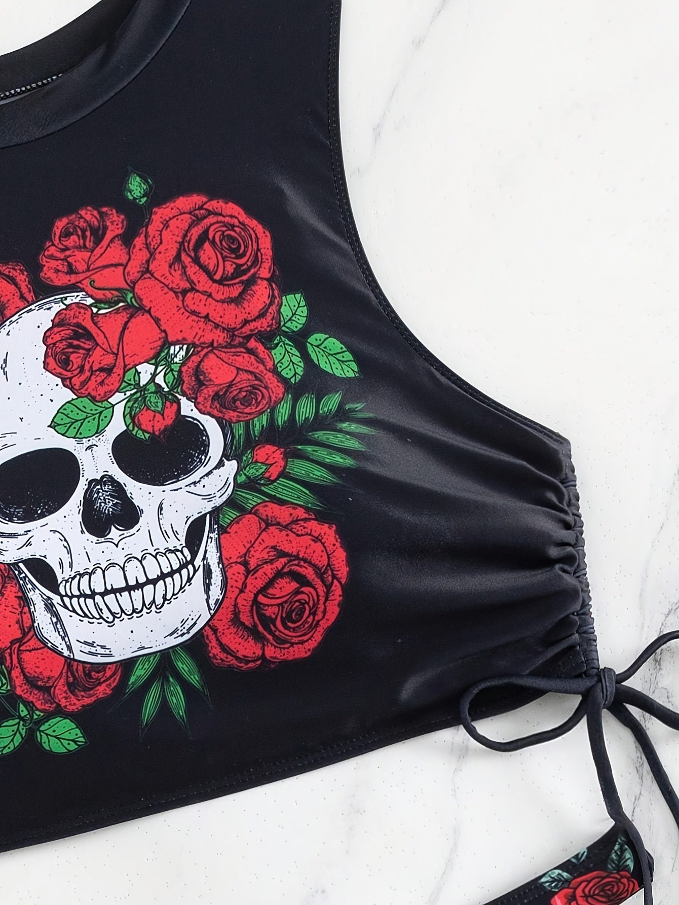 Bikini Skull Print Hollow-Out 2 Piece Swimsuit for Women – Sexy Lace-Up Floral Tie Bathing Suit with Crew Neck – High Stretch Halloween Inspired Bikini Set for Beach Party, Festival, and Summer Vacation