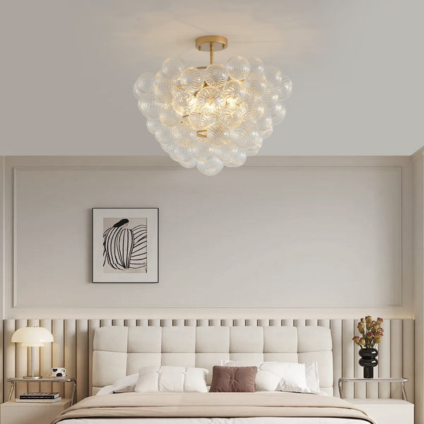 Gold Pendant Chandelier with Threaded Clear Glass Globe Shade for Living, Dining & Kitchen