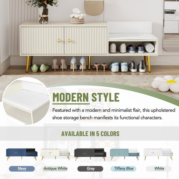 Modern Shoe Storage Bench with Hidden Storage and Upholstered Cushions for Bedside, Living Room and Entryway ((Antique White)