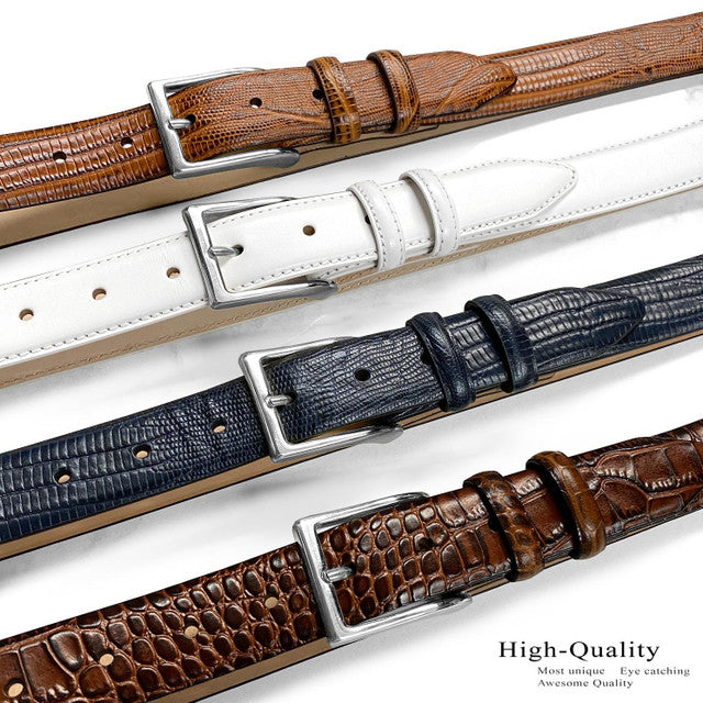 Silver Adam Solid Brass Buckle Genuine Full-Grain Cowhide Leather Dress Belt