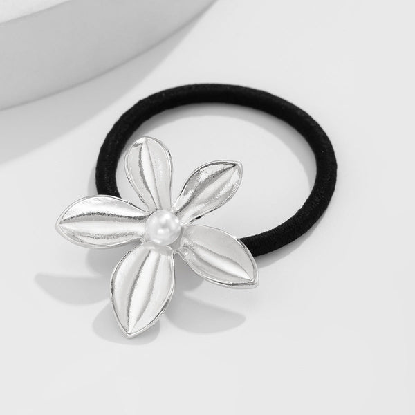 Versatile five petal flower alloy hair accessory with fashionable glossy imitation pearl bow headband