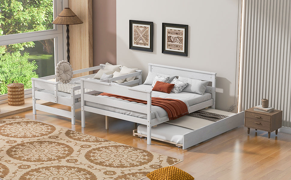 Wood Twin over Full Bunk Bed with Twin Size Trundle  White