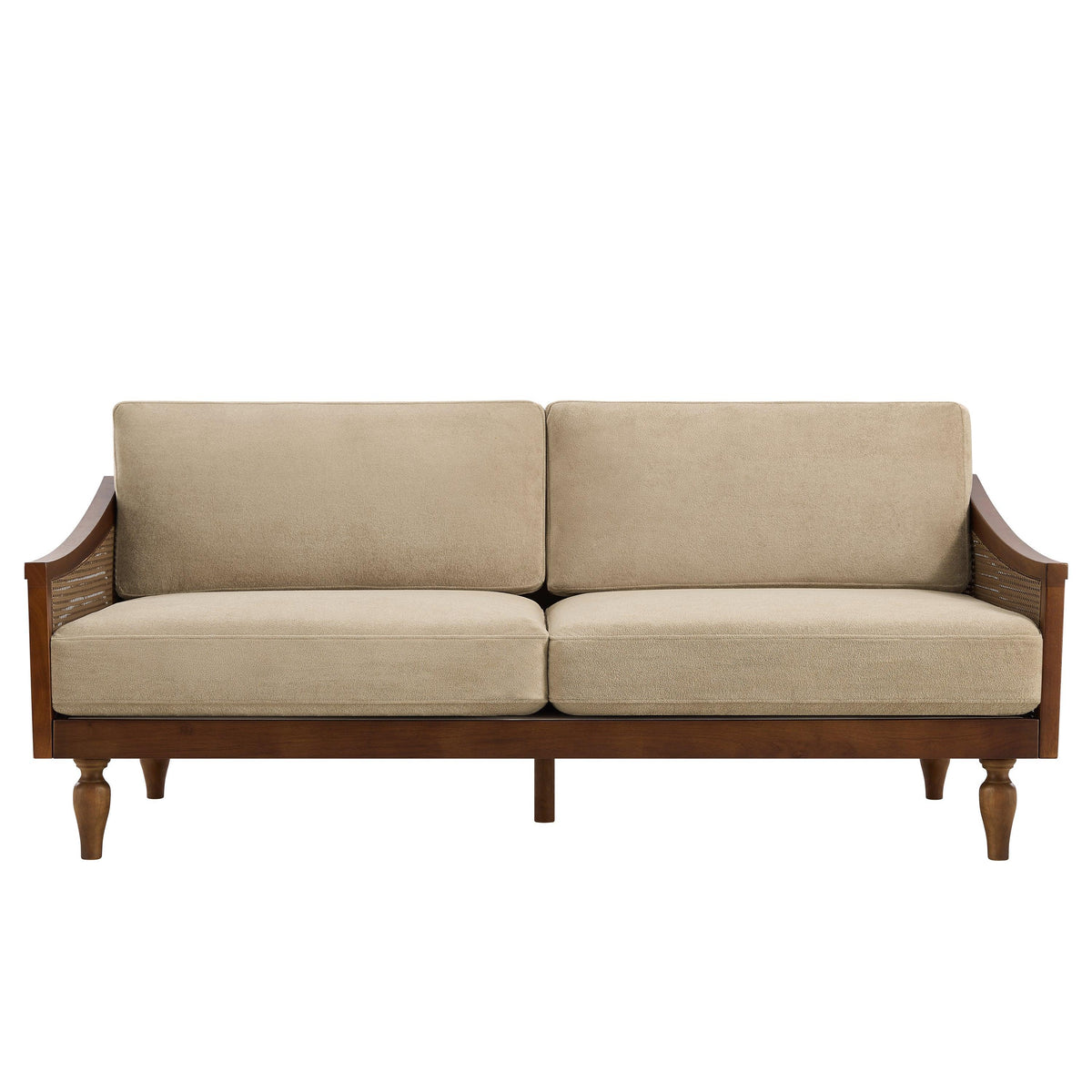 Modern Light Brown Chenille 3-Seater Sofa with Solid Wood Frame & Rattan Arms