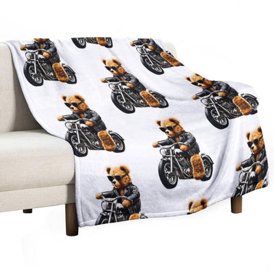 Cool Biker Teddy Bear on Motorcycle - Fun And Cute Plush Design Durable Throw Blanket