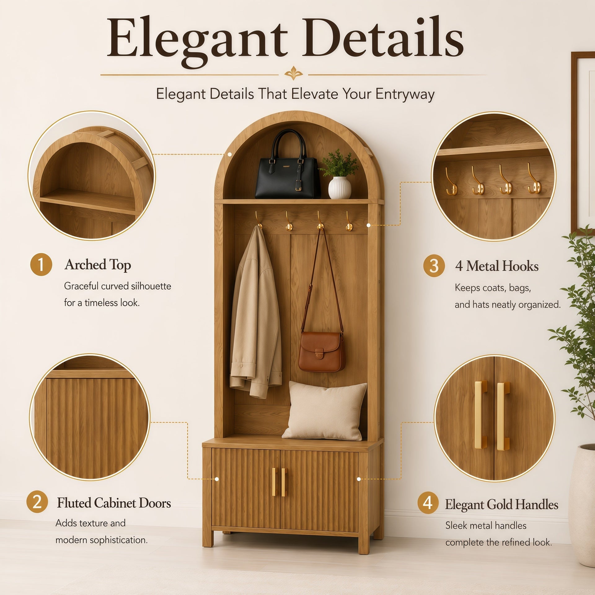 Farmhouse Hall Tree with Storage Bench & Cabinet – Entryway Organizer with Coat Hooks