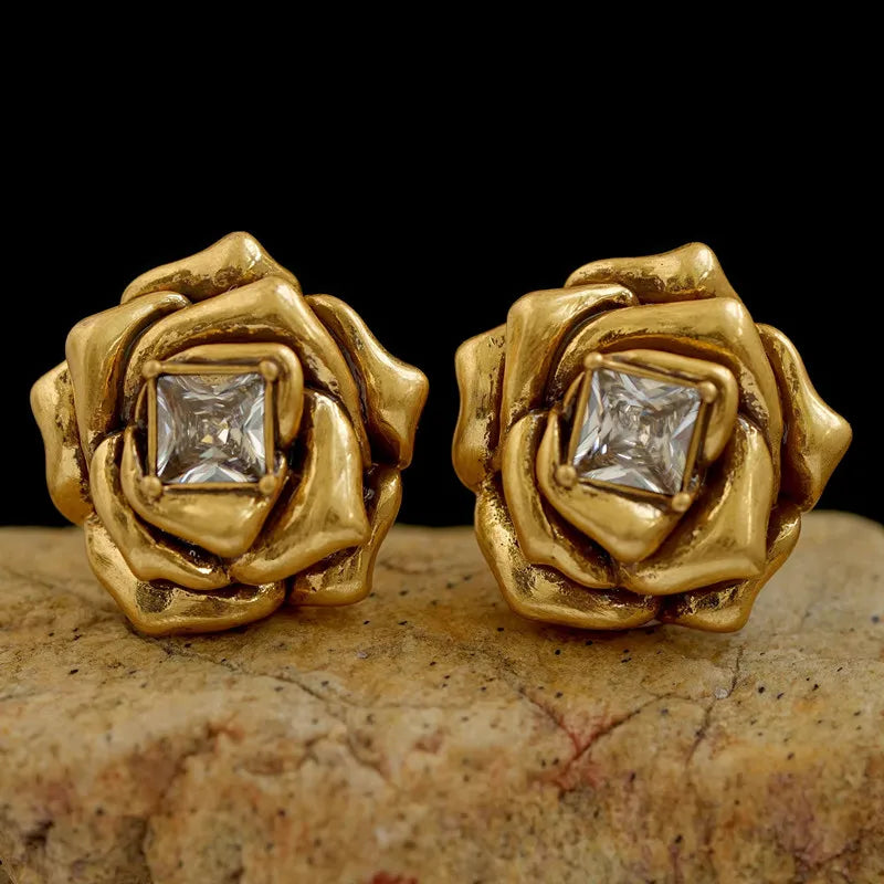 Brass Gold Color Metal Rose Flower Stud Earrings Geometry Zircon Shiny for Women Girls Jewelry Gifts Europe and America