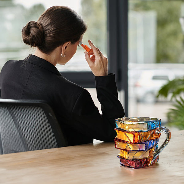 Painted Book Mug: 11oz, 3D painted books design, colorful resin, unique coffee cup, ideal for collection/gifts.