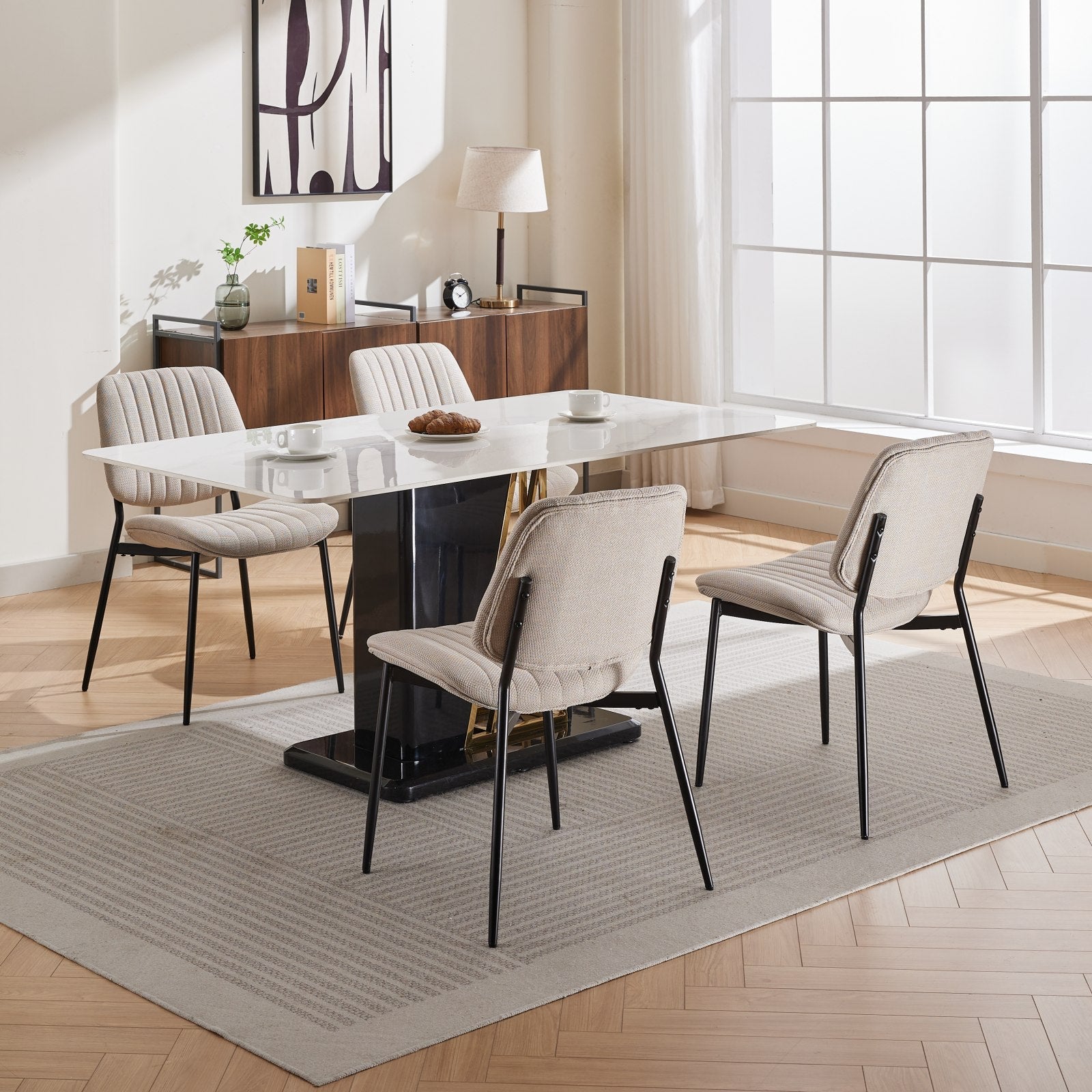 2-piece retro linen chair set with curved wooden backrest, cushioned seat, adjustable metal legs, (Beige Linen)