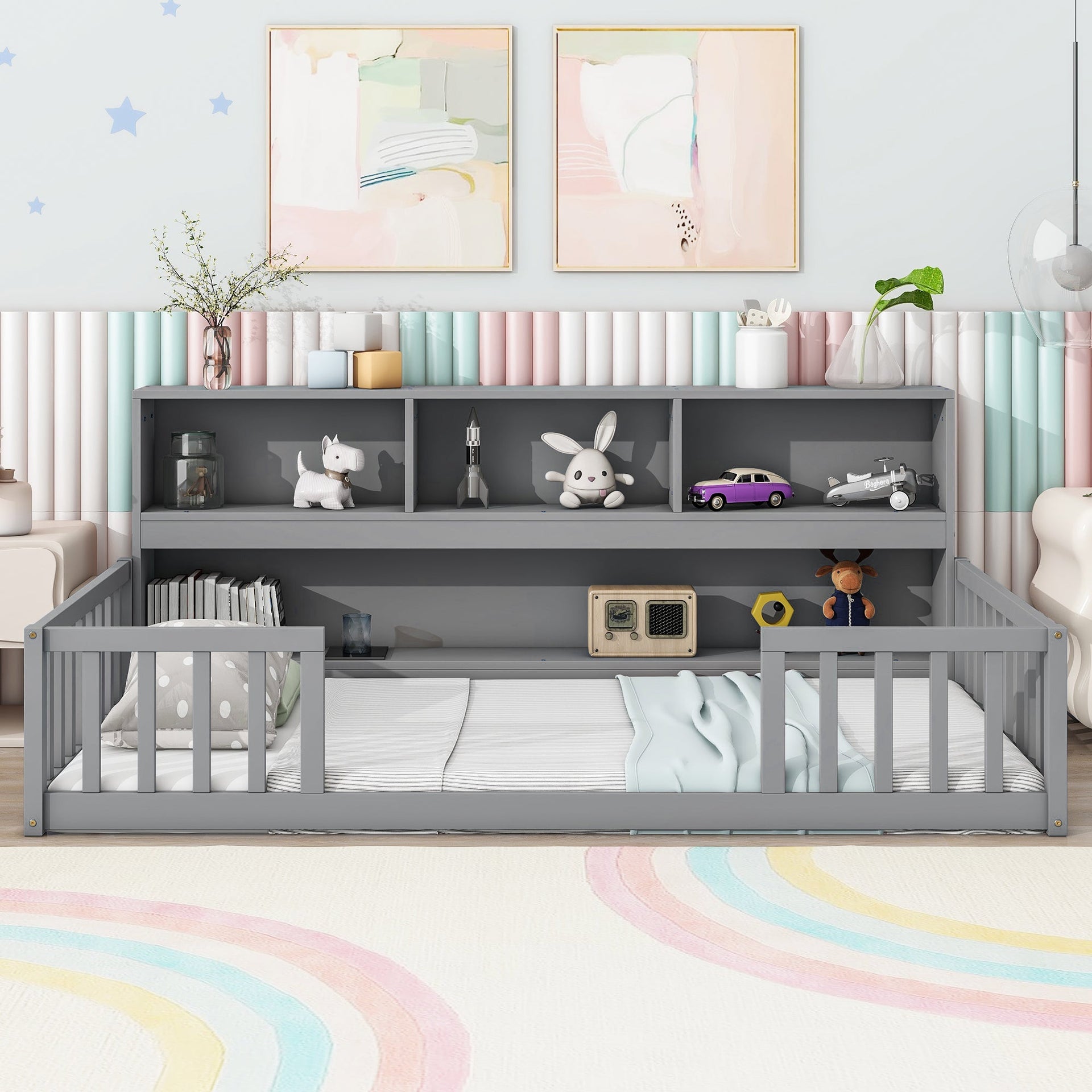 Twin Floor Bed with Bedside Bookcase, Shelves, Guardrails