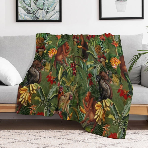 Tropical Monkey Jungle Pattern - Dark Green Botanical Night Garden Nightgarden Plush Throw Blanket