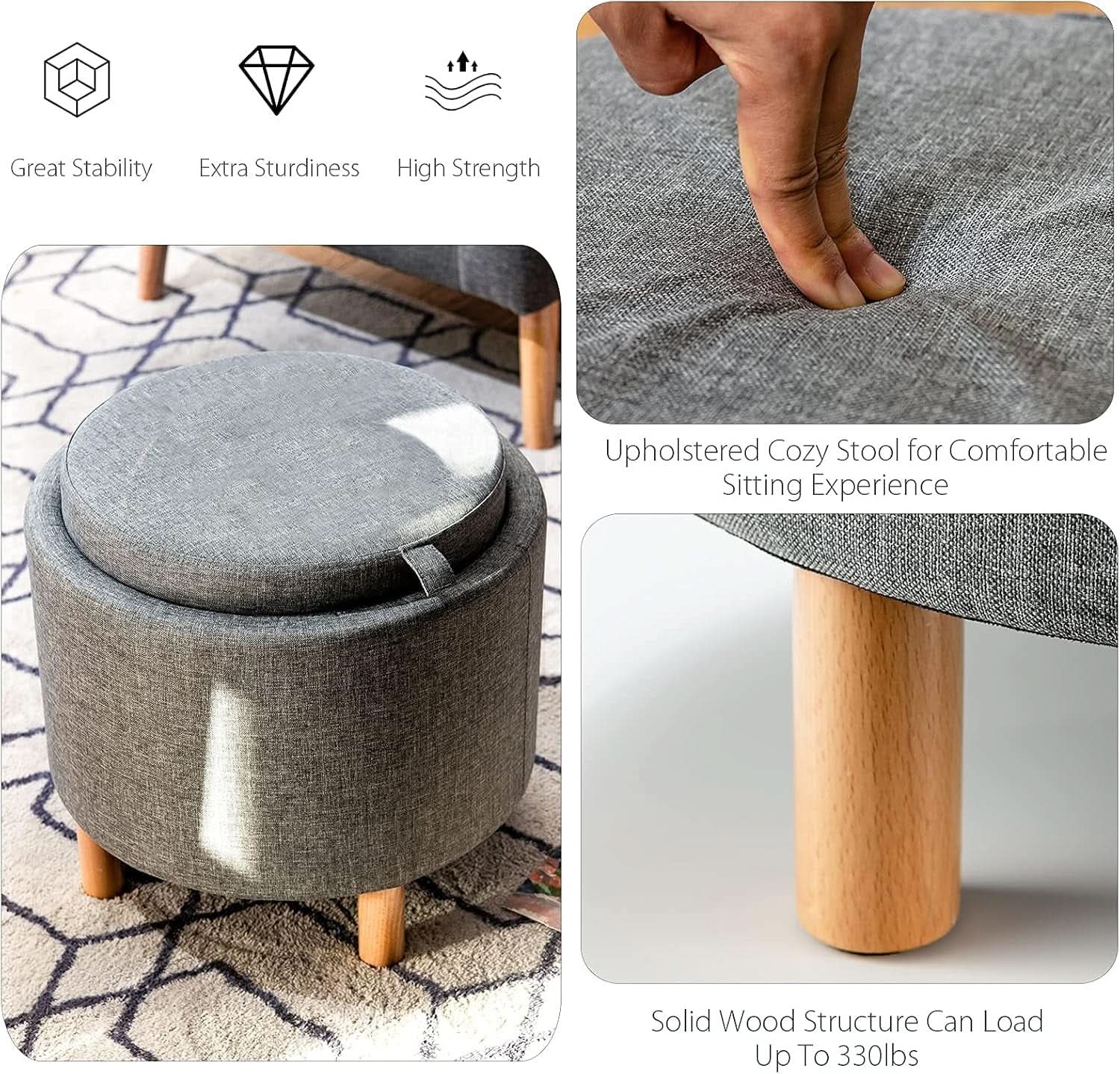 Grey Premium Microfiber Storage Ottoman Large Tray