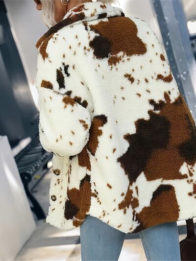 Trendy Black White Cozy Cow Print Collared Neck Button Up Fuzzy Jacket Modern & Warm Outerwear