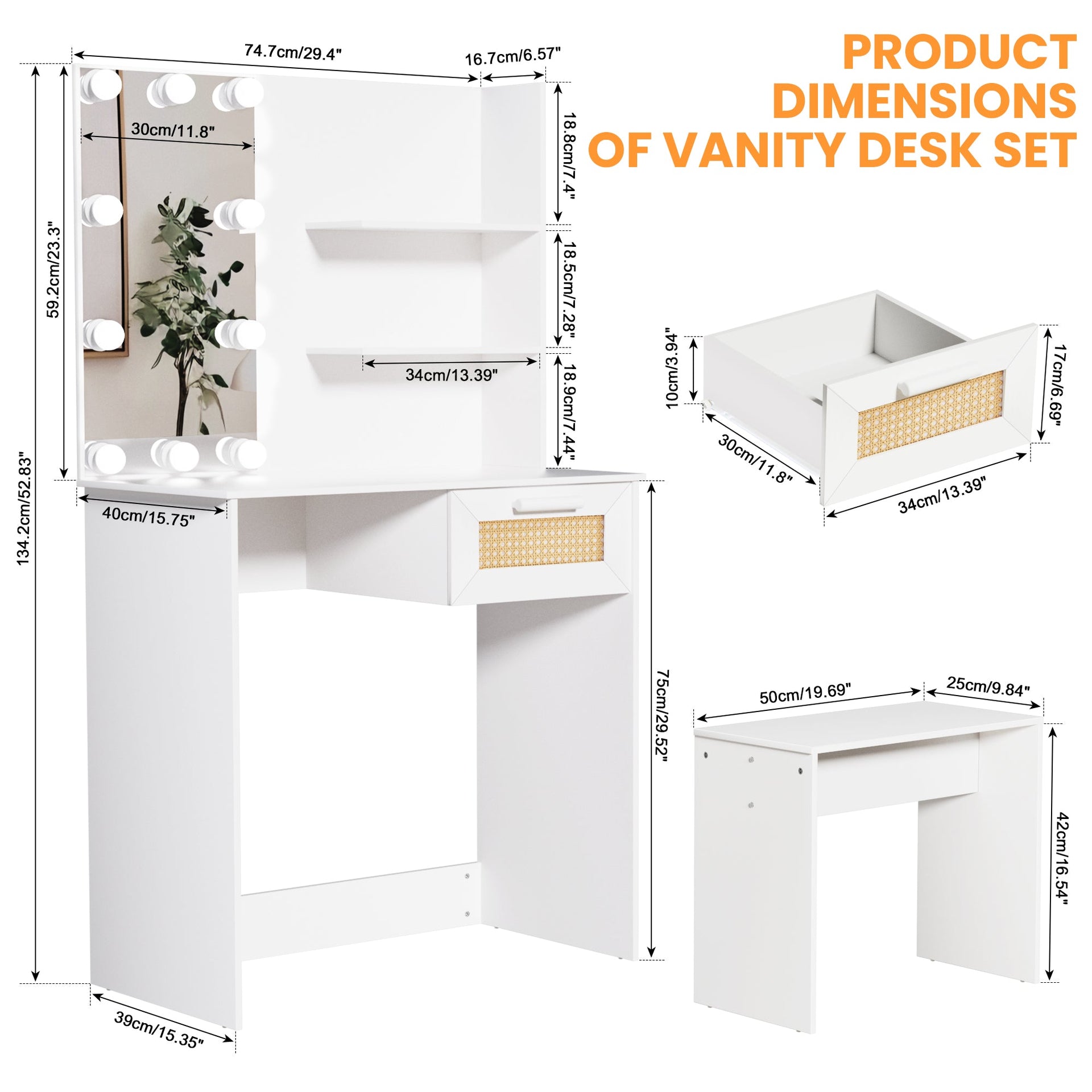 Vanity Desk Set Stool & Dressing Table with LED Lighting Mirror Drawer and Wood Cosmetic Table Chest of Drawers White Color