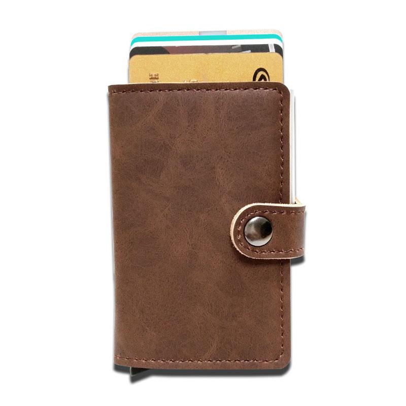 RFID Protected Vintage Automatic Leather Credit Card Holder Men Aluminum Alloy Hasp Business ID Multifunction Cardholder Wallet