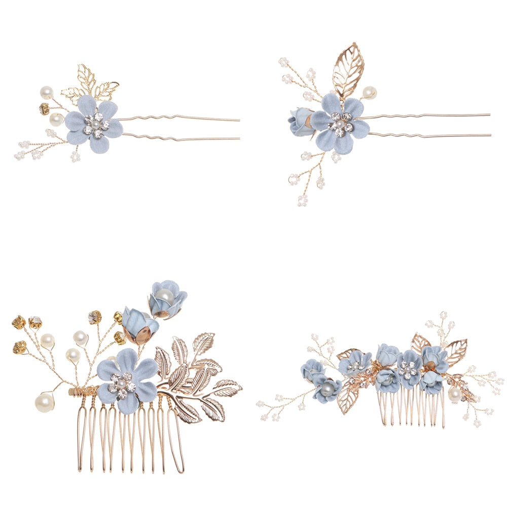 Luxury Blue Flower Hair Combs Headdress Prom Bridal Wedding Hair Accessories Gold Leaves Hair Jewelry Hair Pins