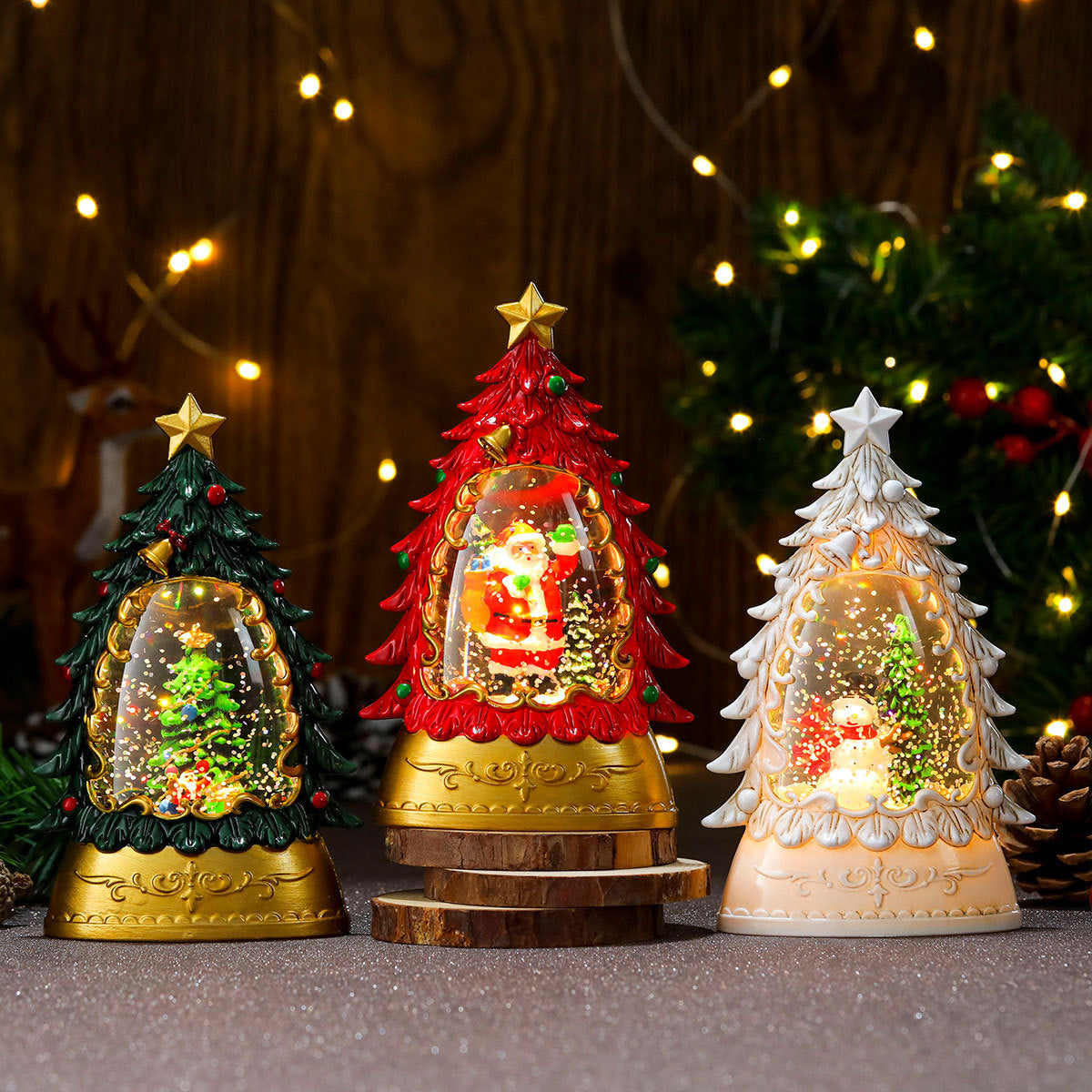 Christmas gifts, painted Christmas trees, glowing candles, oil lamps, children's small gifts, wind lamps, bar table decorations, ornaments