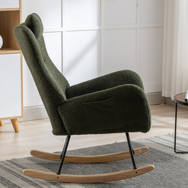 35.5-inch soft Teddy fabric rocking chair with pockets, comfortable wing straps, secure solid wood base (dark green)