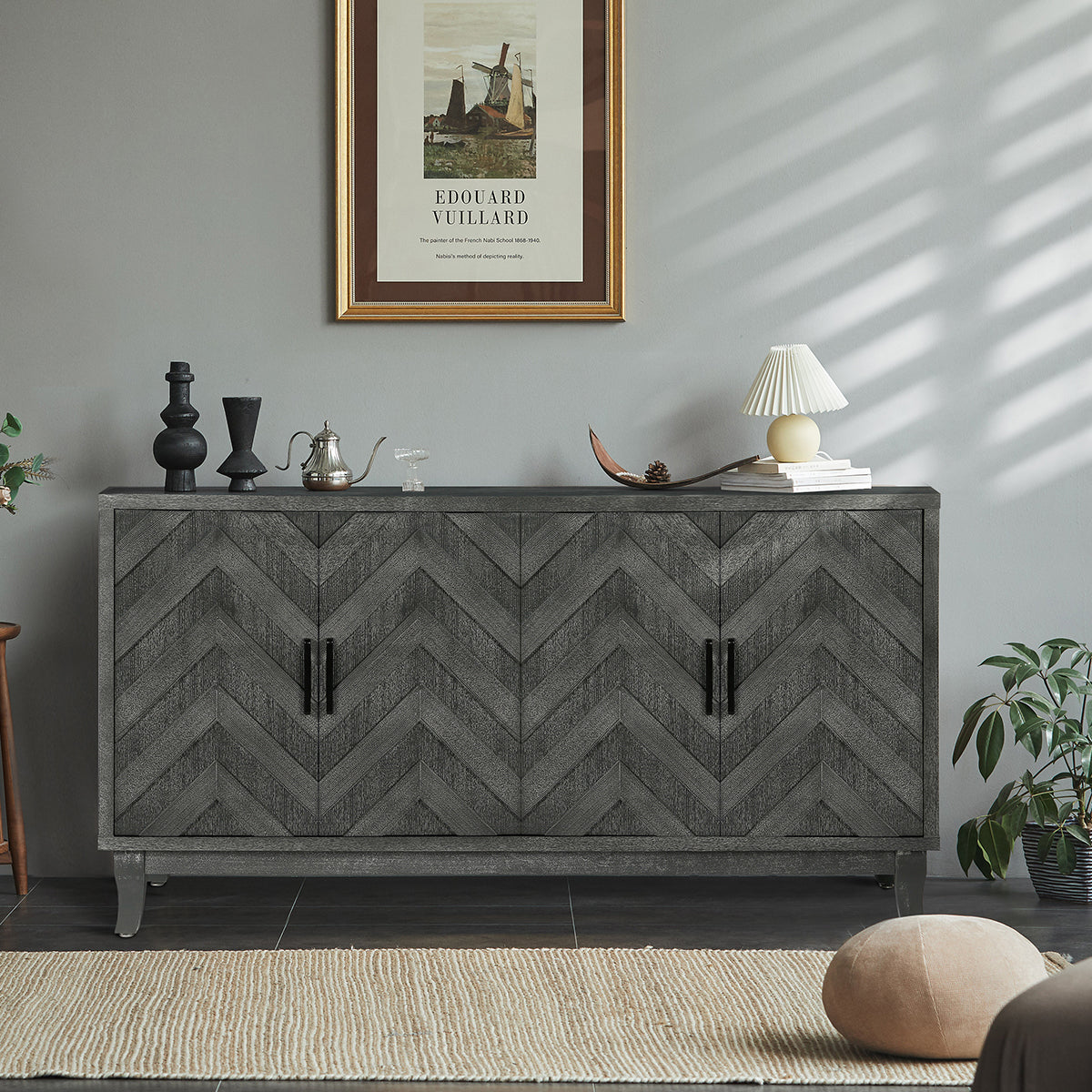 Stronger Vintage Style Buffet Cabinet Lacquered Accent Storage 4 Door Wooden Cabinets Taupe Grey