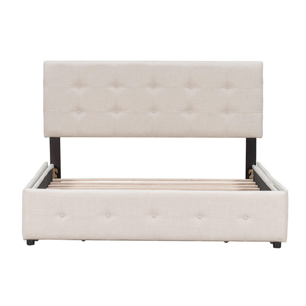 Upholstered Platform Bed with Classic Headboard and 4 Drawers No Box Spring Needed Linen Fabric Queen Size Beige
