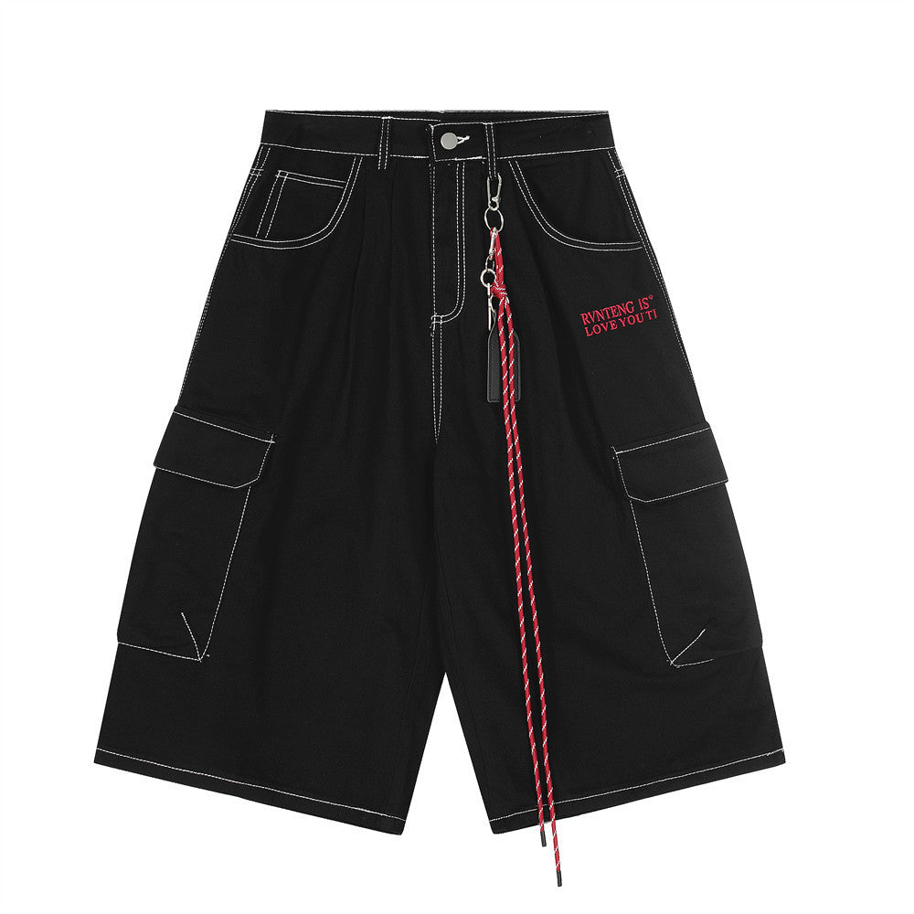 High Street American Style Workwear Cargo Shorts for Men with Topstitching Design and Metal Accessories, Multi-Pocket Denim Shorts