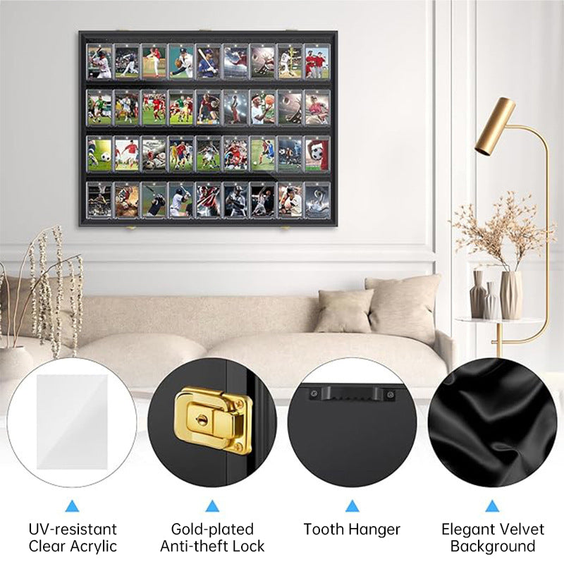 Large Sports Card Display Cases. Wooden, UV - protected acrylic fronts. For football, basketball, hockey cards.