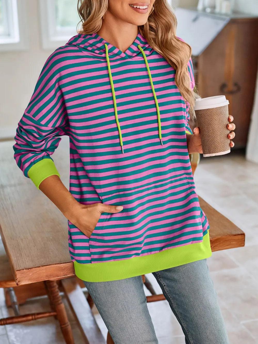 Loose casual striped hooded sweatshirt
