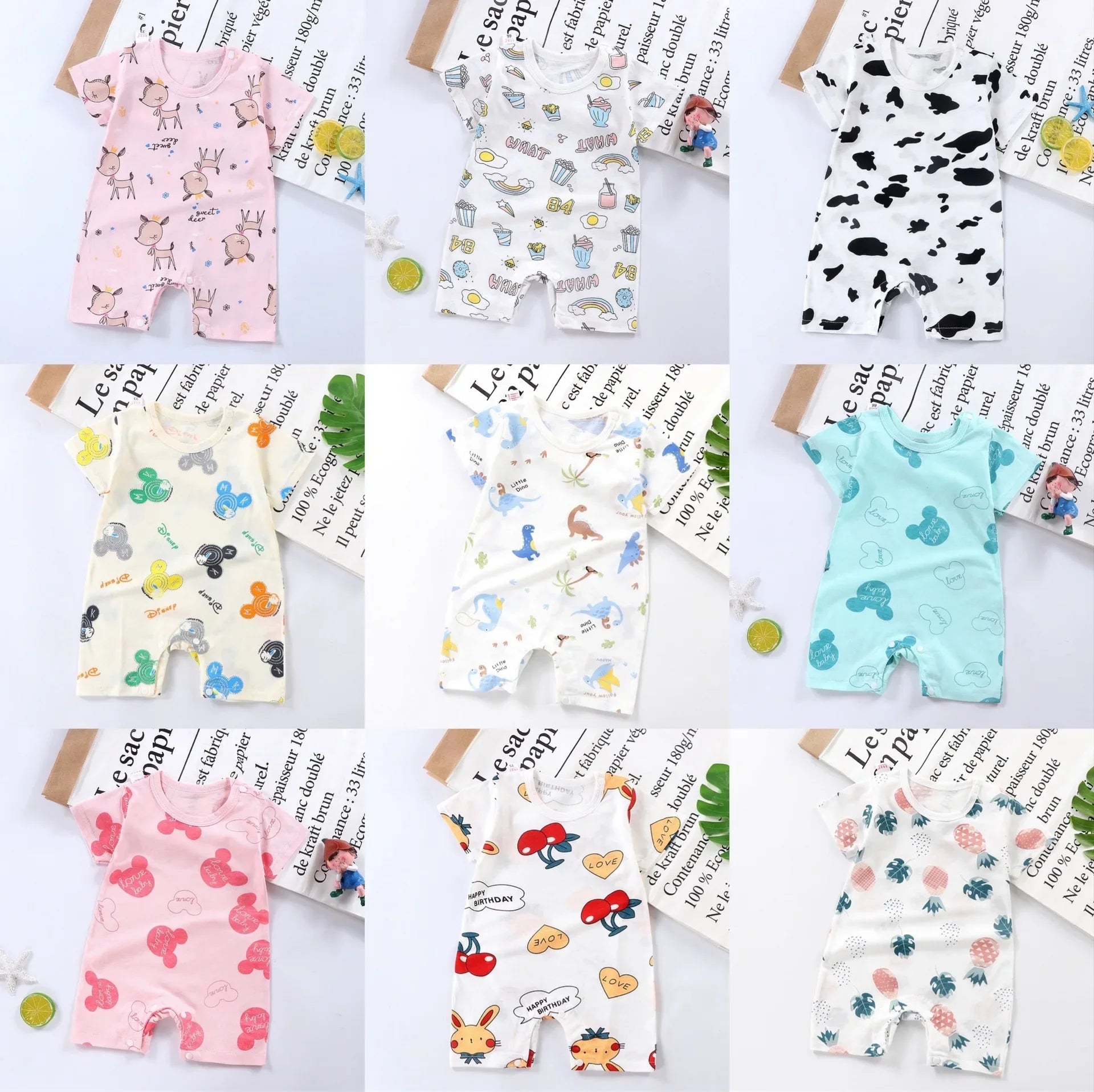 Cotton Newborn Baby Cartoon Short Sleeve Knitted Romper Boy Girl Summer Clothes Bebe Thin Pajamas One Pieces Bodysuit 0-24M