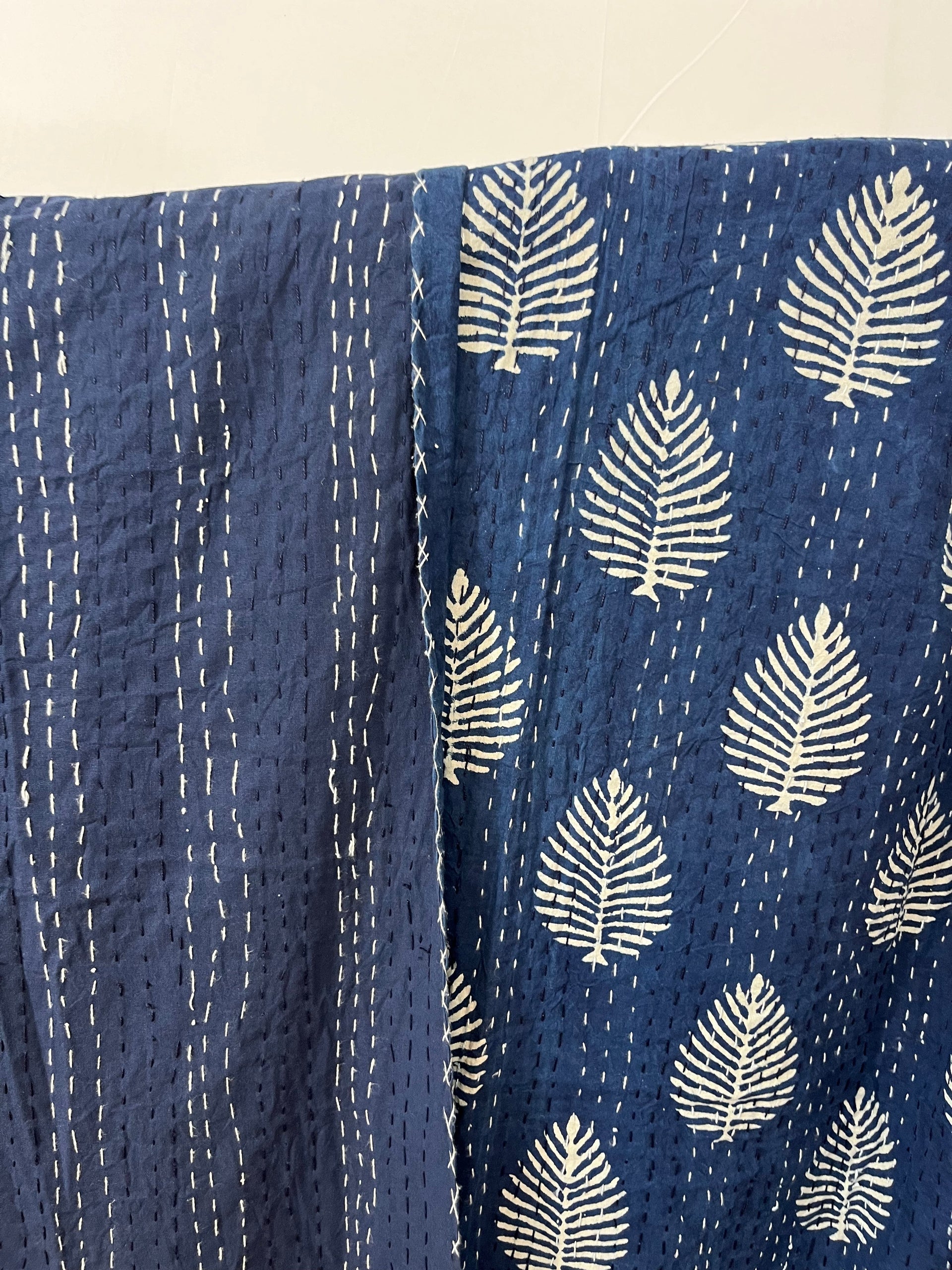 Indigo Leaves Block Print Cotton Kantha Quilt (Events)