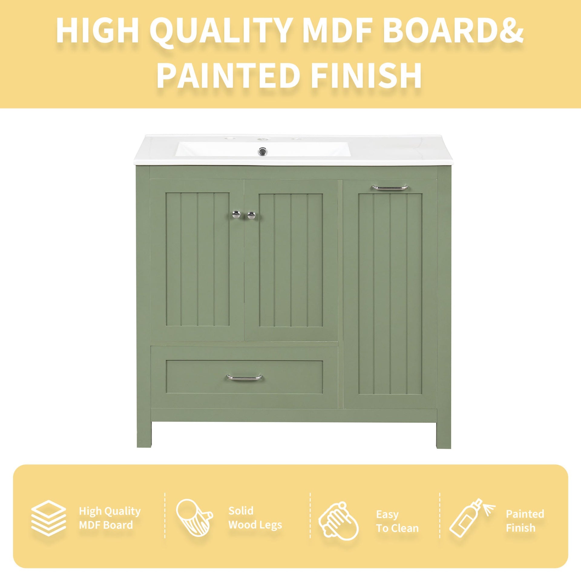 36 inch bathroom vanity with sink, one double door cabinet one large drawer and one flip drawer solid wood and MDF board, green