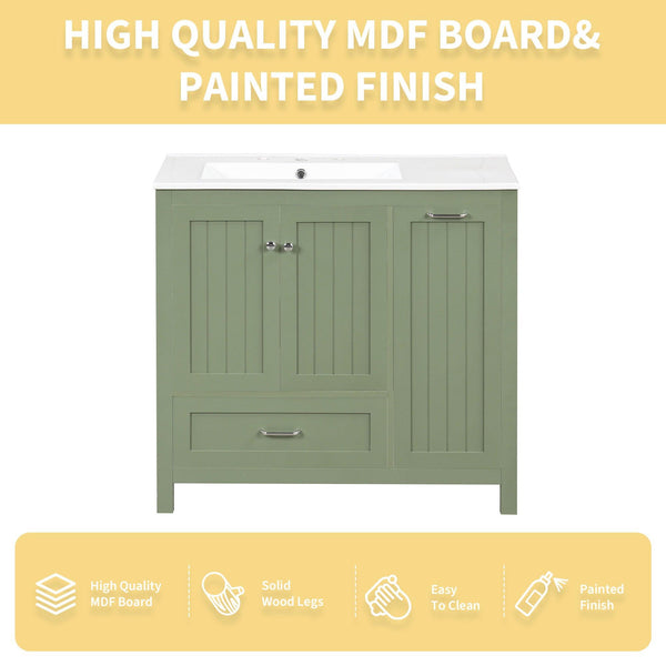 36 inch bathroom vanity with sink, one double door cabinet one large drawer and one flip drawer solid wood and MDF board, green