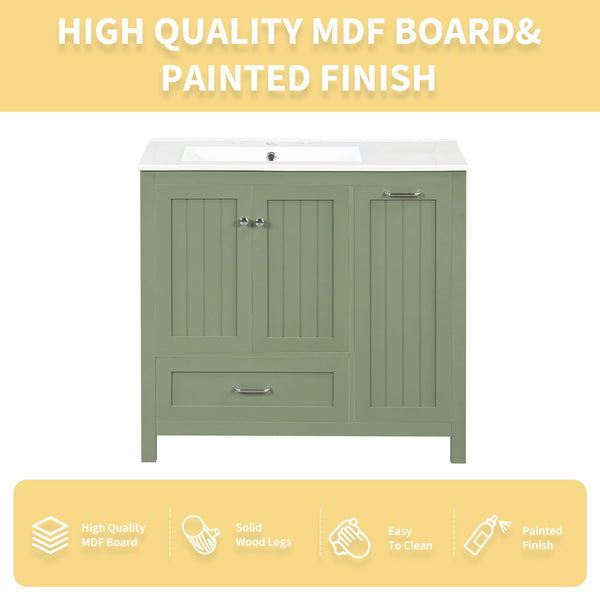 36 inch bathroom vanity with sink, one double door cabinet one large drawer and one flip drawer solid wood and MDF board, green