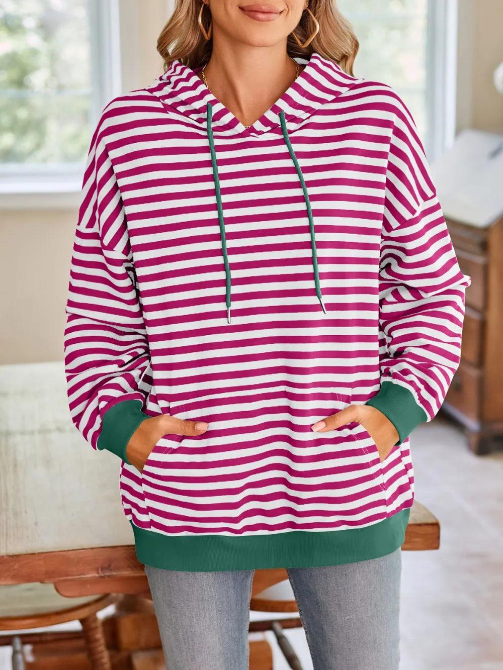 Loose casual striped hooded sweatshirt