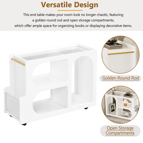 Stylish mobile desk with lockable wheels, white bedside table with 5mm thick grooved tempered glass and gold round bars