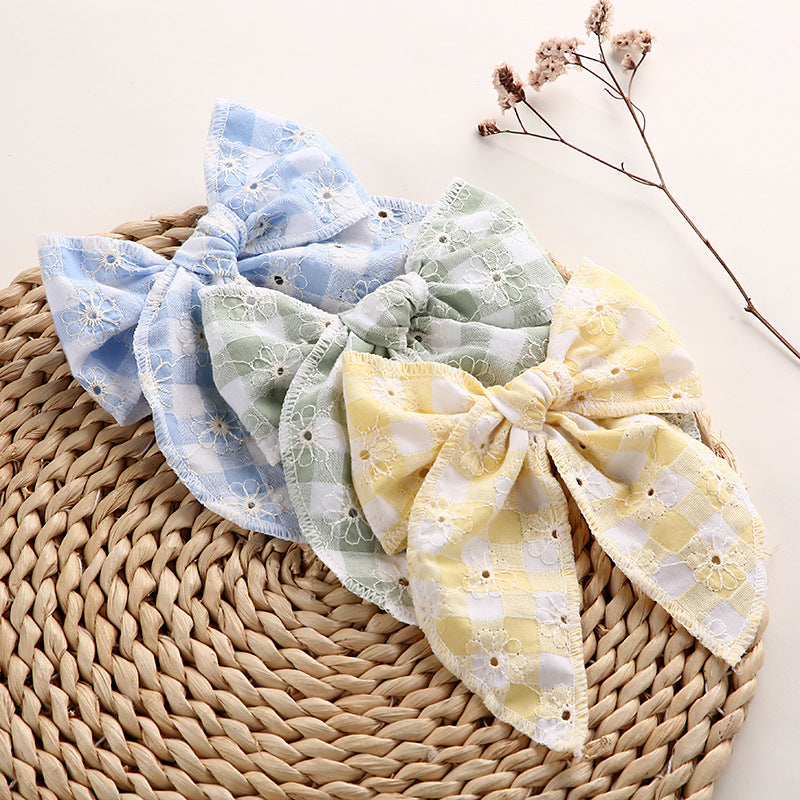 Children's Headwear Girl Plaid Cotton Embroidery Bow Hairpin Big Swallowtail Hairpin
