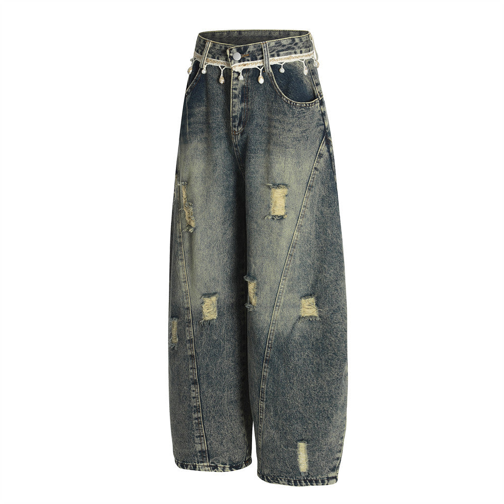 Punk Retro Washed Distressed Denim Wide-Leg Pants Men's Trendy Unique Design Loose Fit Flared Trousers