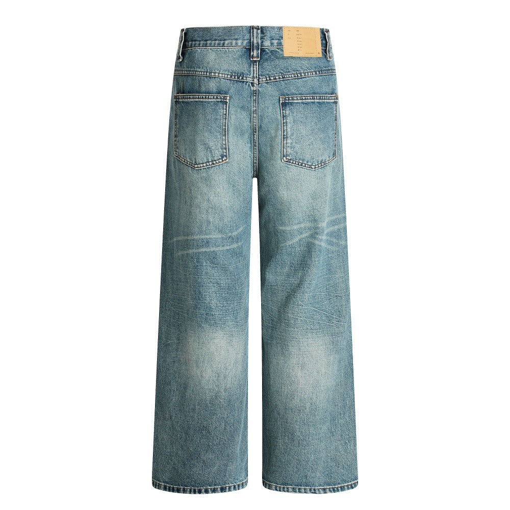 Hole-Washed Denim Long Pants Men's Loose Faded Whitewashed Wide-Leg Straight Trousers European and American Street Fashion Versatile Dad Pants