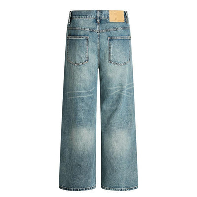 Hole-Washed Denim Long Pants Men's Loose Faded Whitewashed Wide-Leg Straight Trousers European and American Street Fashion Versatile Dad Pants