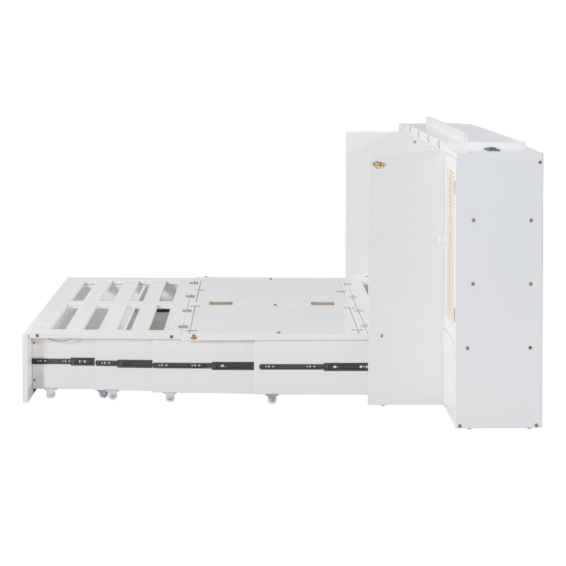 Large Murphy bed wall mounted bed with drawers, 2 storage cabinets, 1 set of sockets and USB ports, white