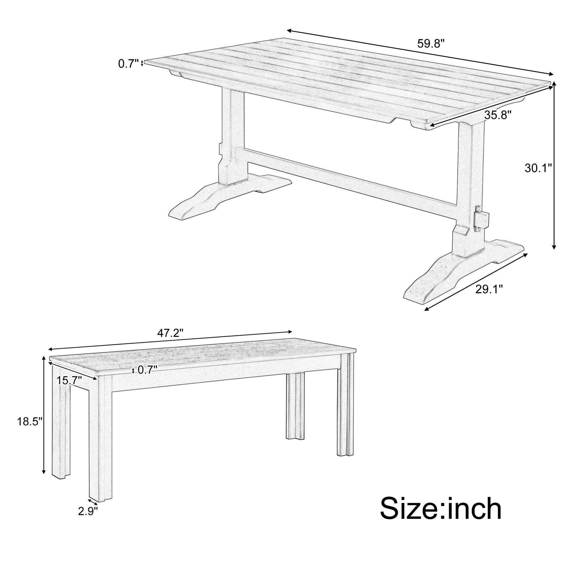 TREXM 3-piece retro cutlery set, rectangular stand table, and 2 wooden stools for 4 people (gray)