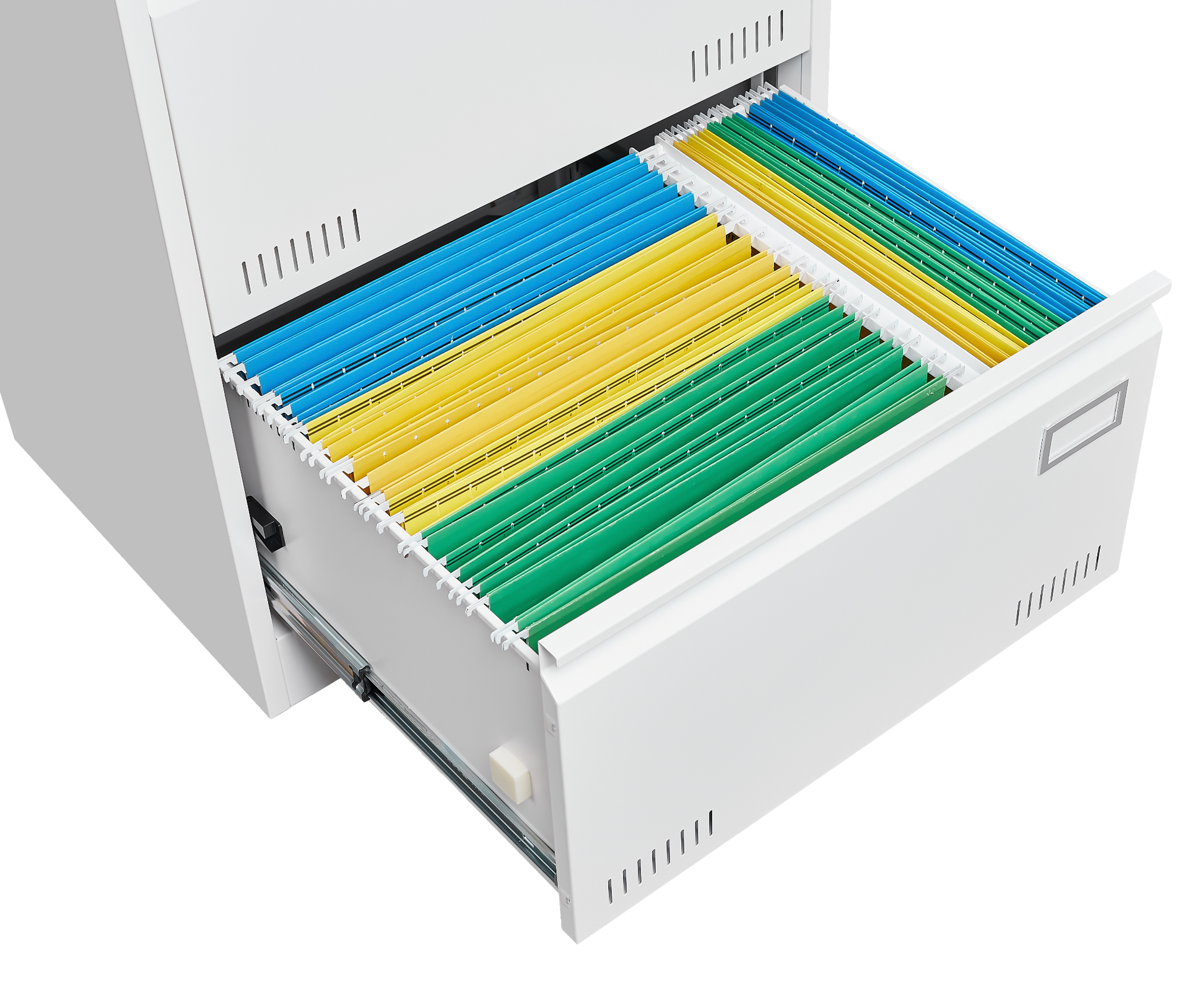 White filing cabinet with open drawer containing colorful file folders.