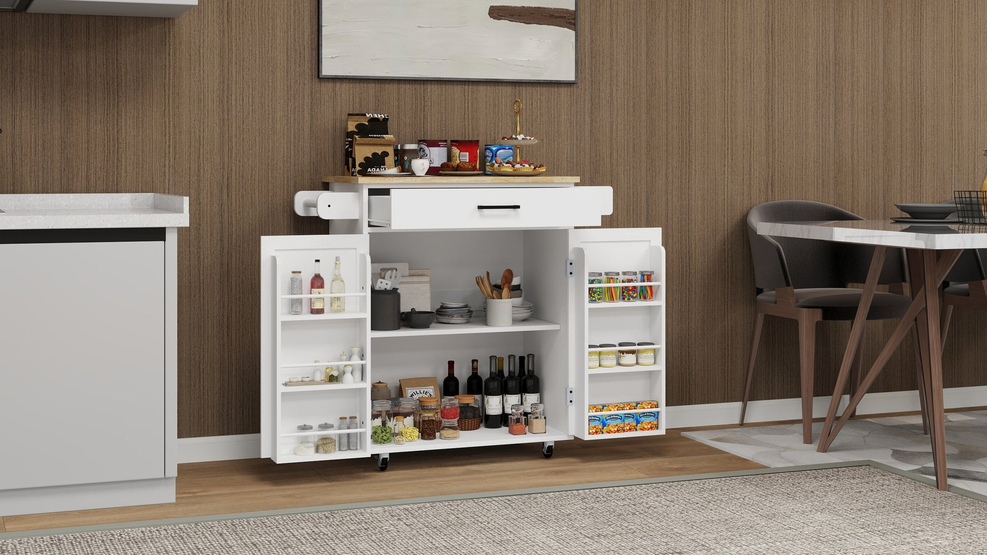 Kitchen island rolling trolley cart with 1 drawer & 2 doors with storage racks & Adjustable Shelves & towel rack