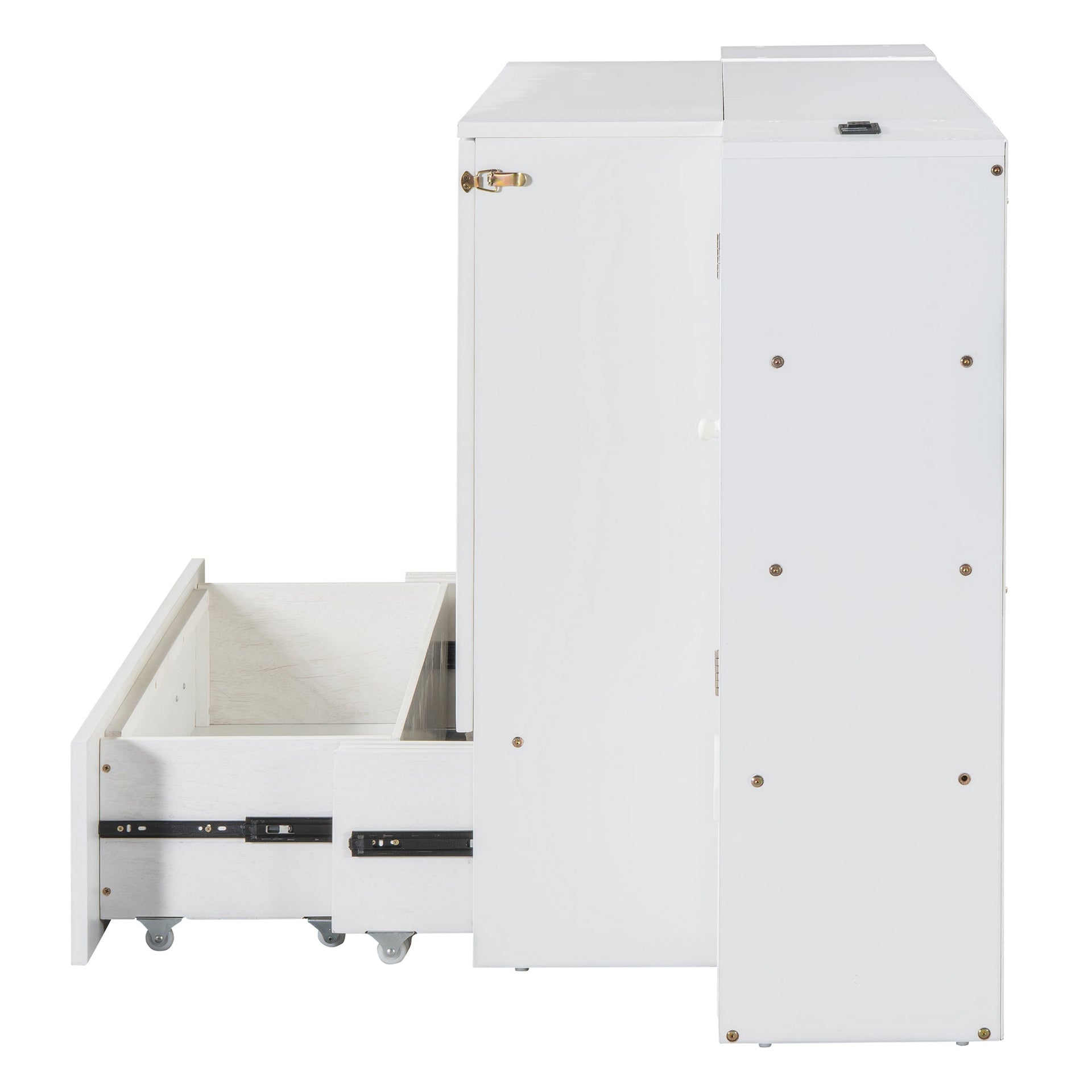 Large Murphy bed wall mounted bed with drawers, 2 storage cabinets, 1 set of sockets and USB ports, white