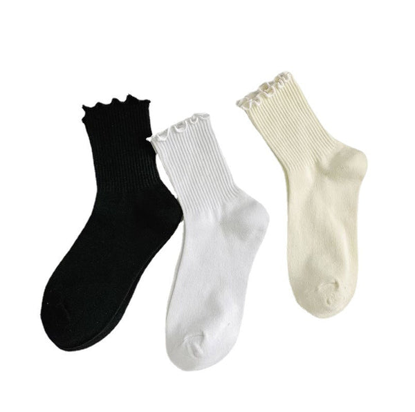 1 pair of ruffled JK socks for women mid-tube spring, autumn and summer solid color Japanese lace pile socks - Gifts for You 'n Me